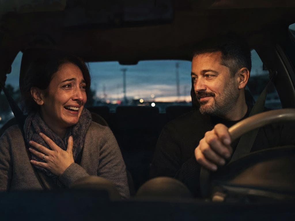 Un couple ému écoute une chanson en voiture